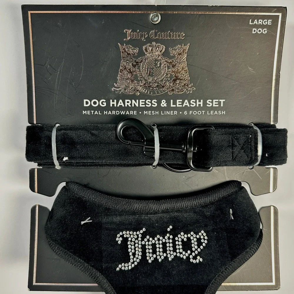 Juicy Couture Black Velvet Rhinestone Dog Harness‎ & Leash Set Large Dog New